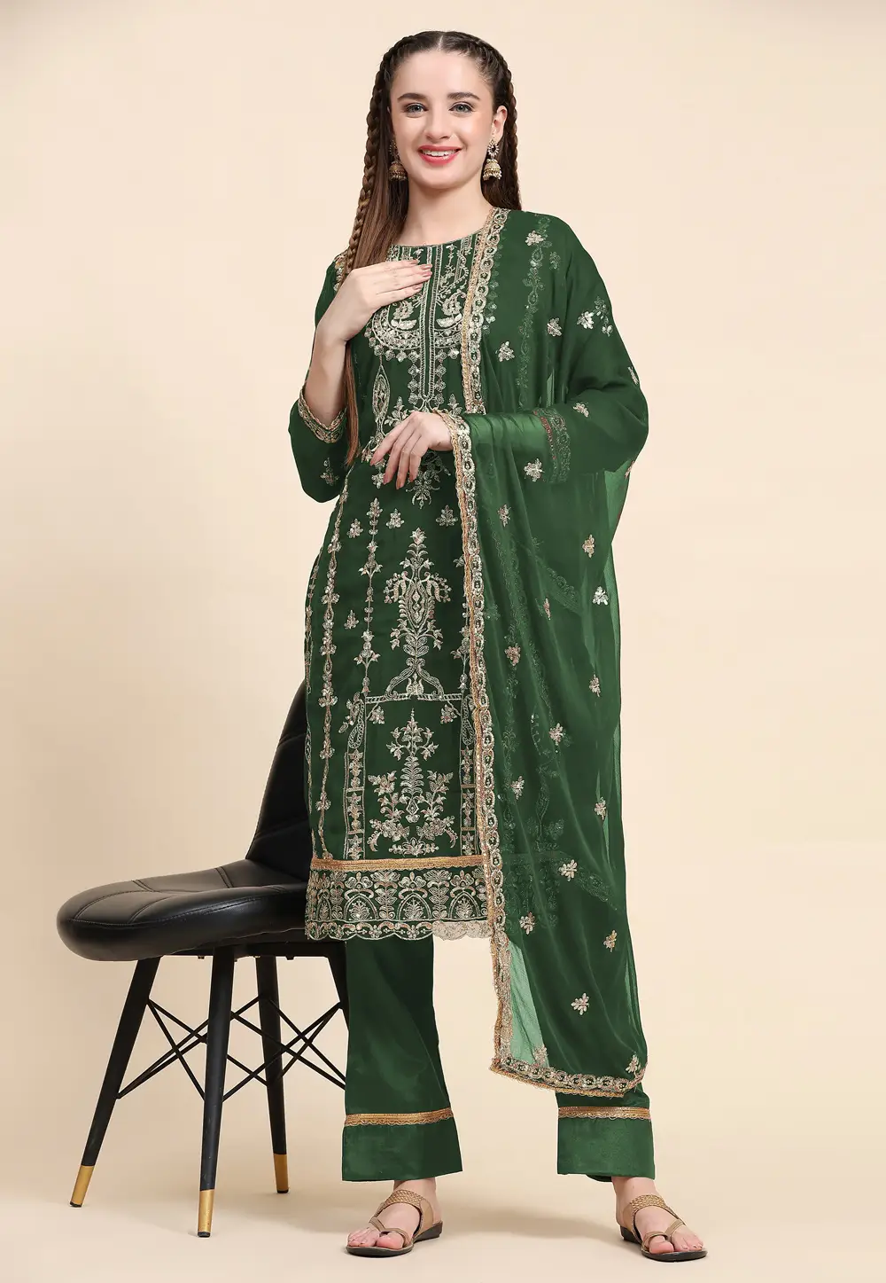 Green Faux Georgette Pant Style Suit 334423