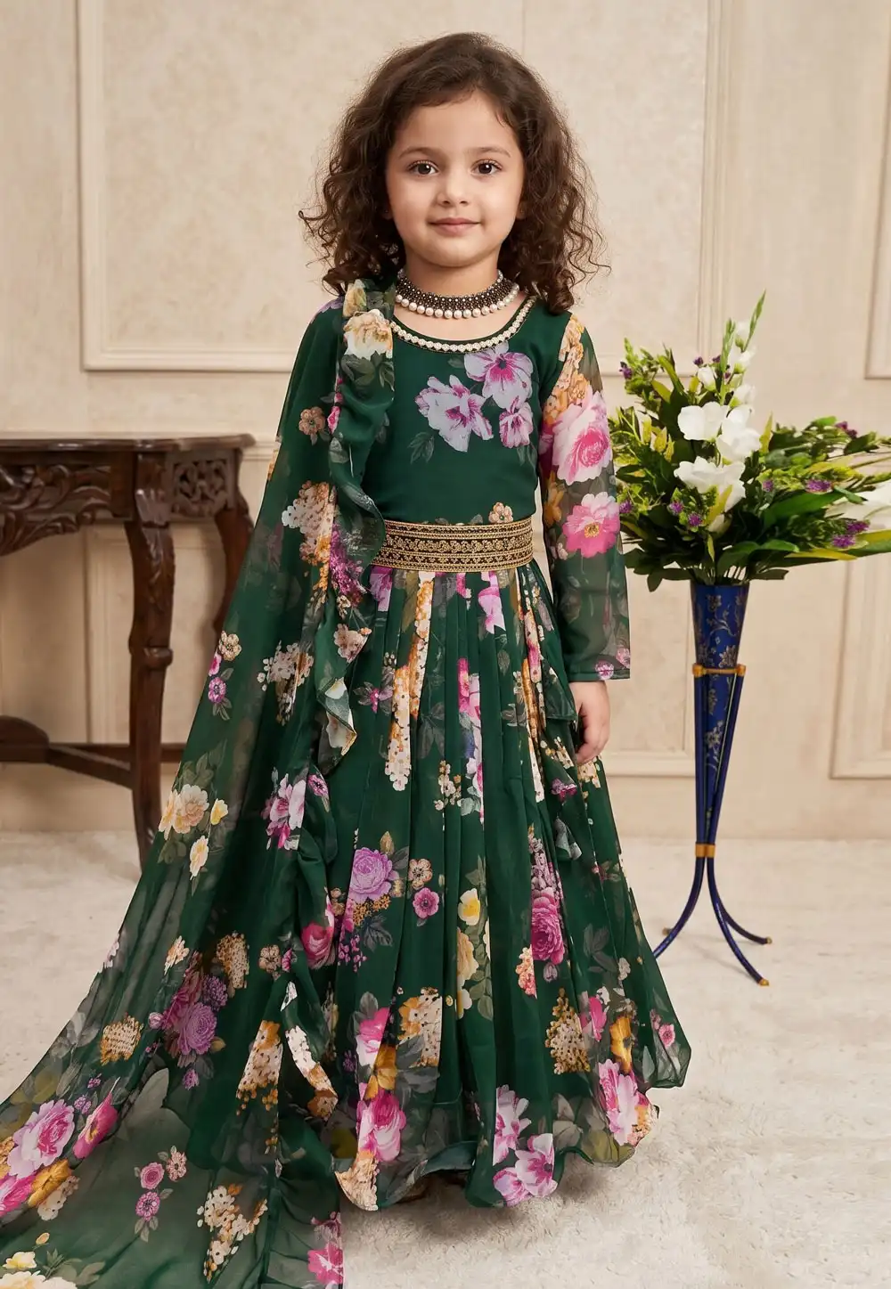 Green Faux Georgette Readymade Kids Gown 329927