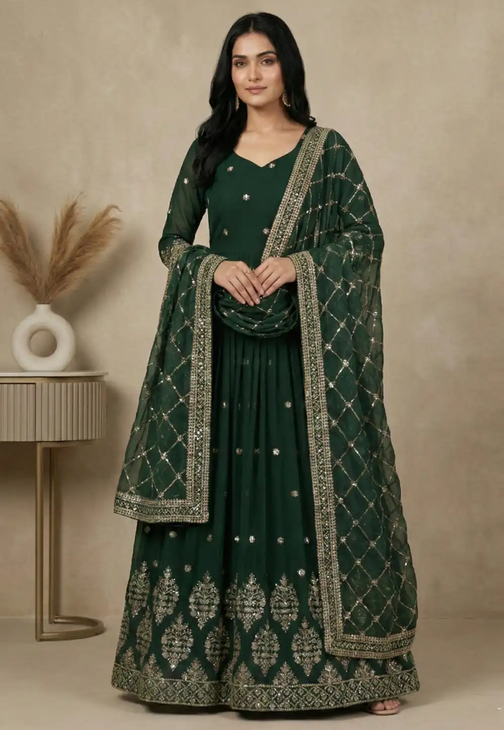 Green Faux Georgette Readymade Long Anarkali Suit 324001