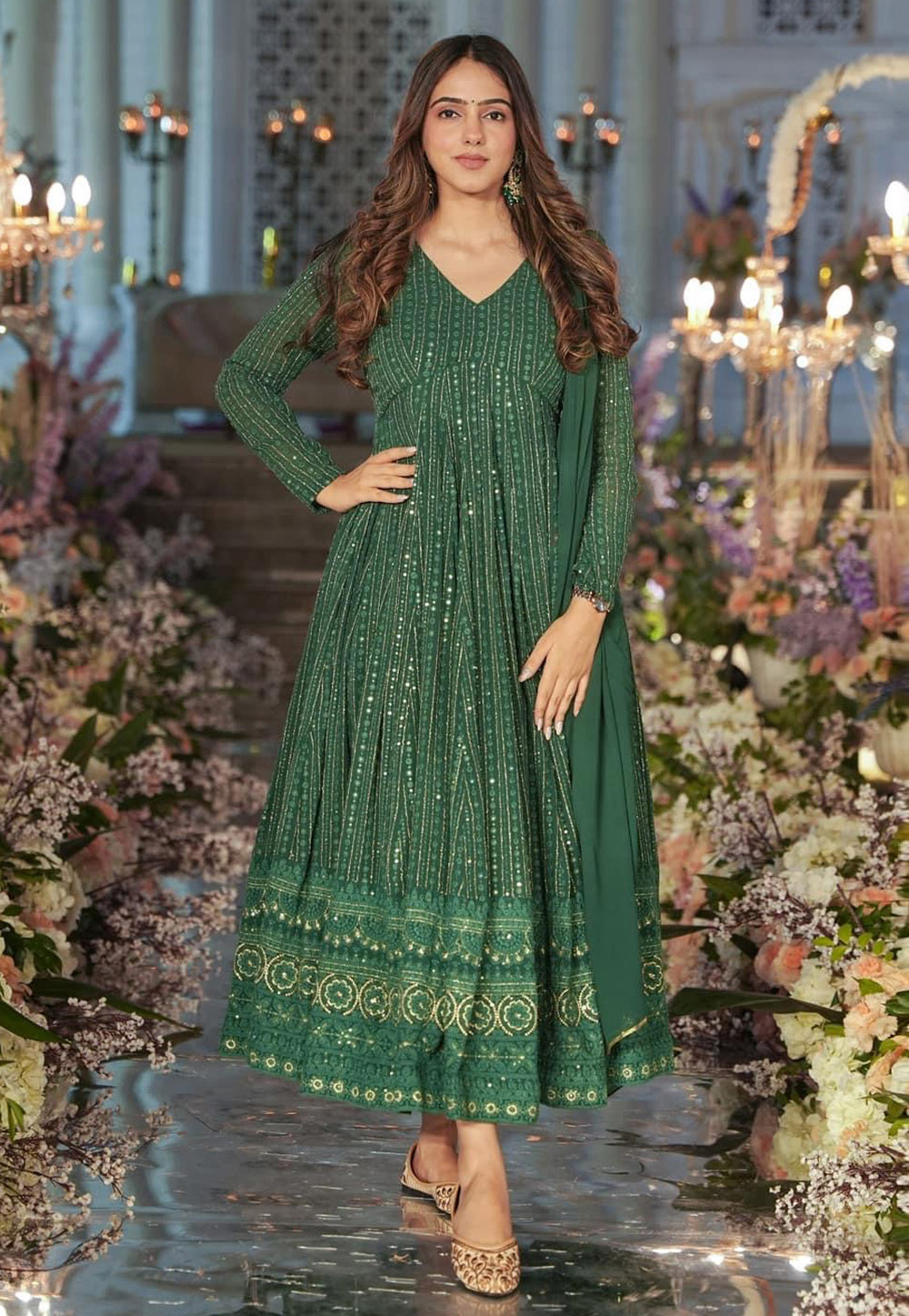 Green Faux Georgette Readymade Long Anarkali Suit 284574