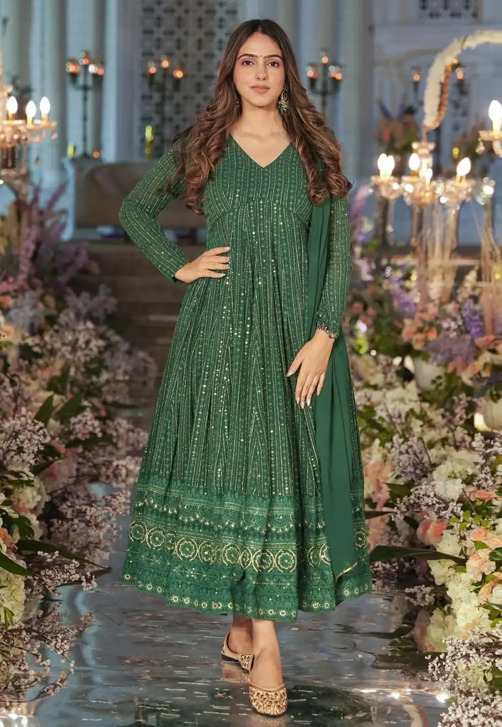 Green Faux Georgette Readymade Long Anarkali Suit 284574