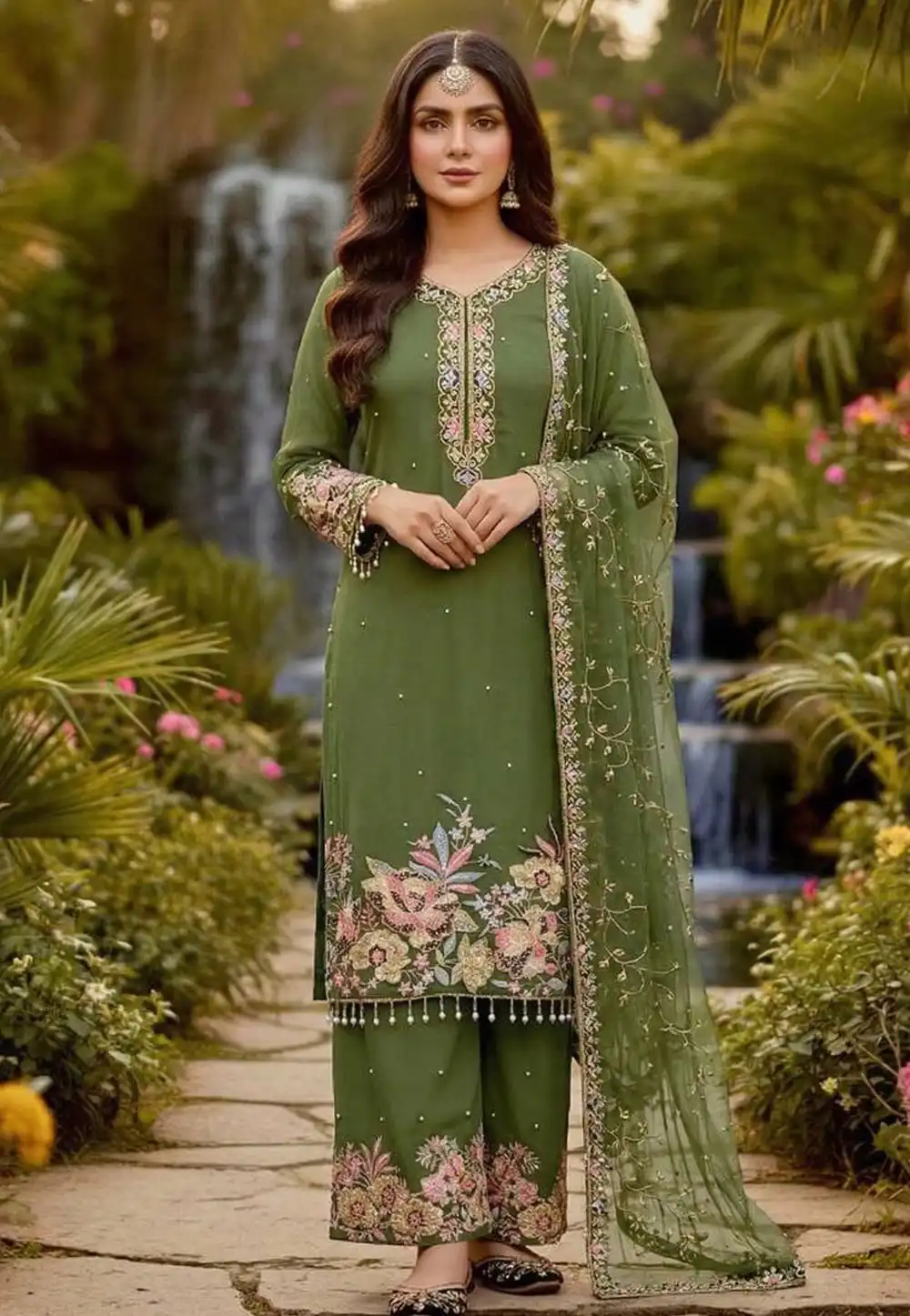 Green Faux Georgette Readymade Pakistani Suit 326954