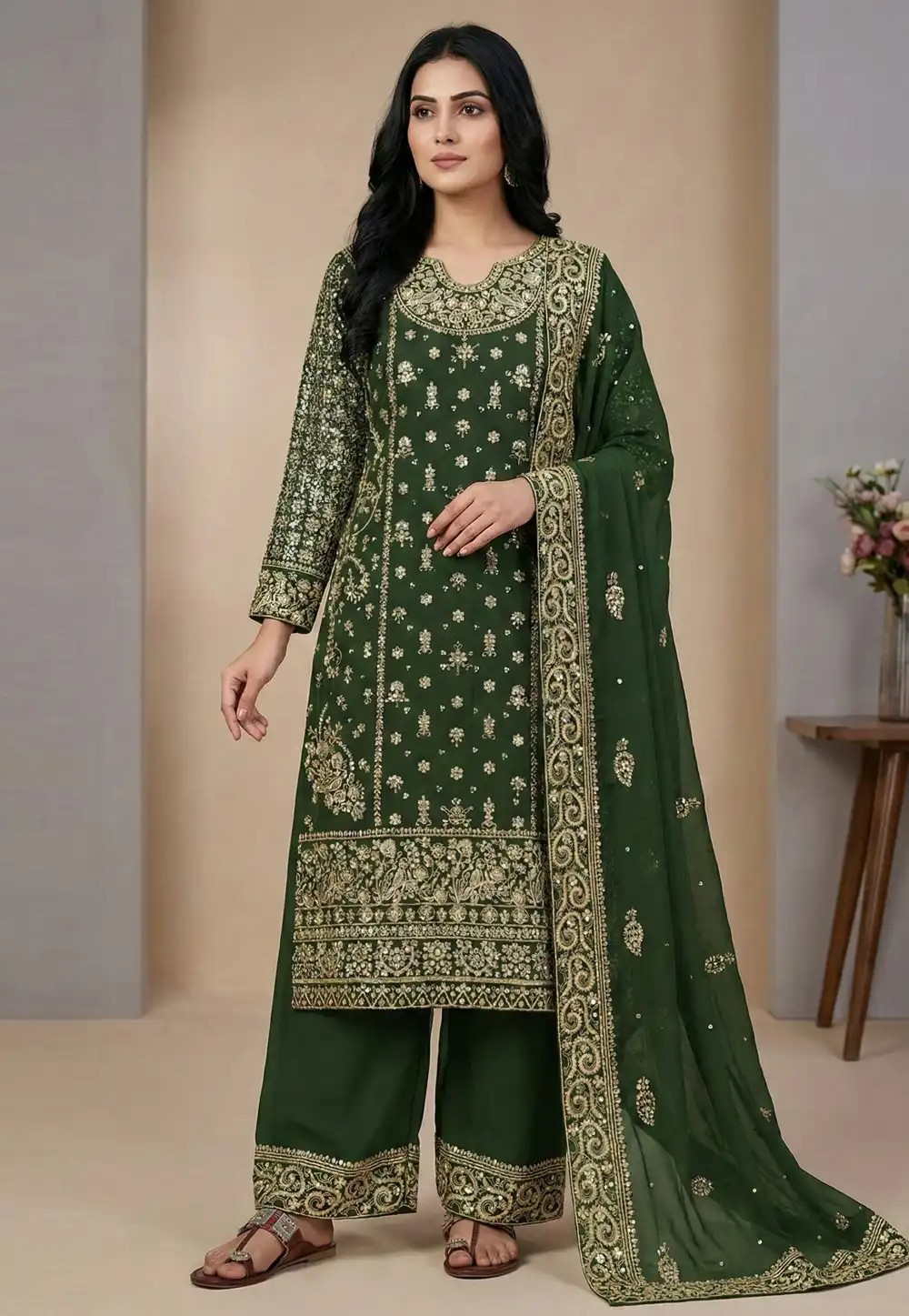 Green Faux Georgette Readymade Palazzo Suit 324775