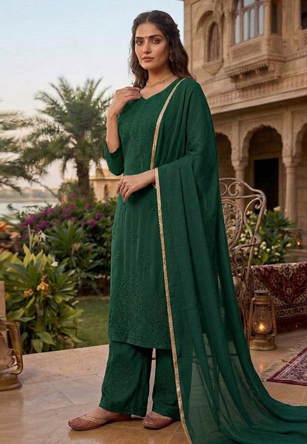 Green Faux Georgette Readymade Palazzo Suit 328603