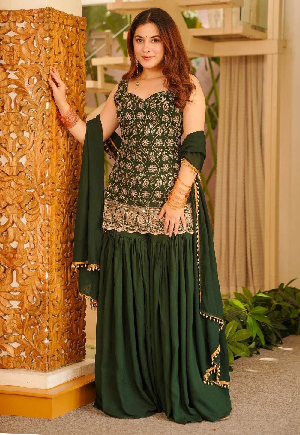 Green Faux Georgette Readymade Sharara Suit 330182