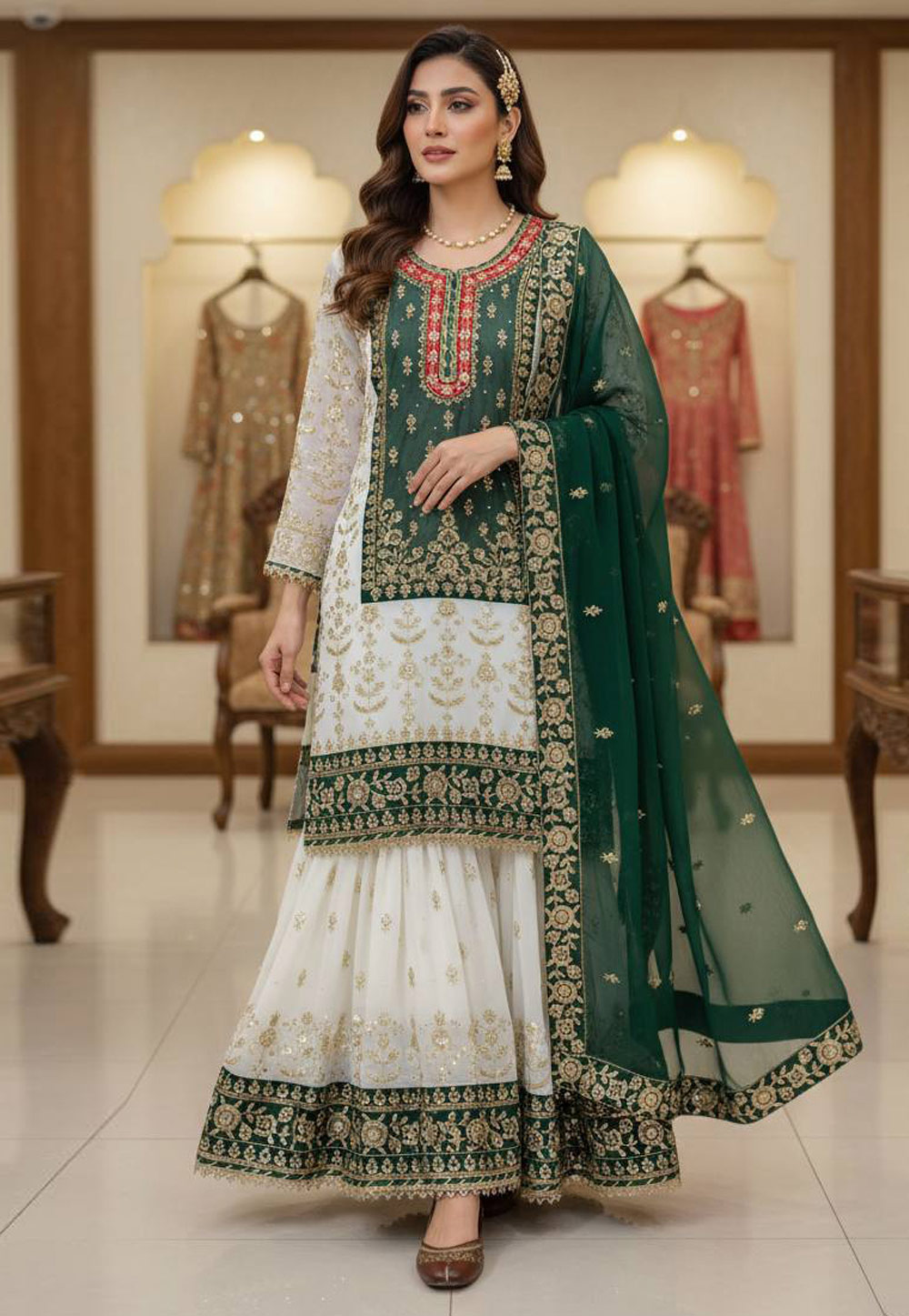 Green Faux Georgette Readymade Sharara Suit 329728
