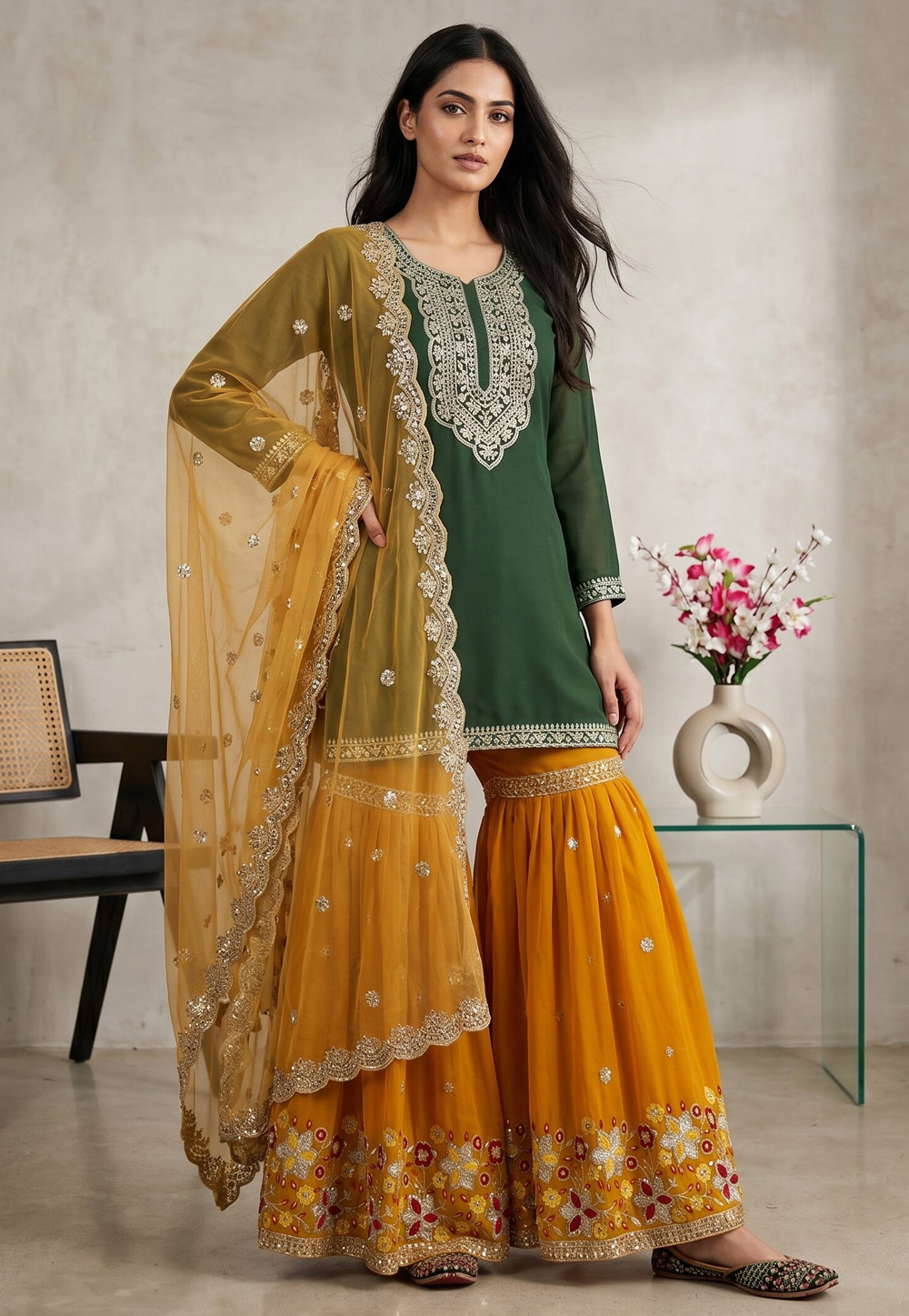 Green Faux Georgette Readymade Sharara Suit 330350
