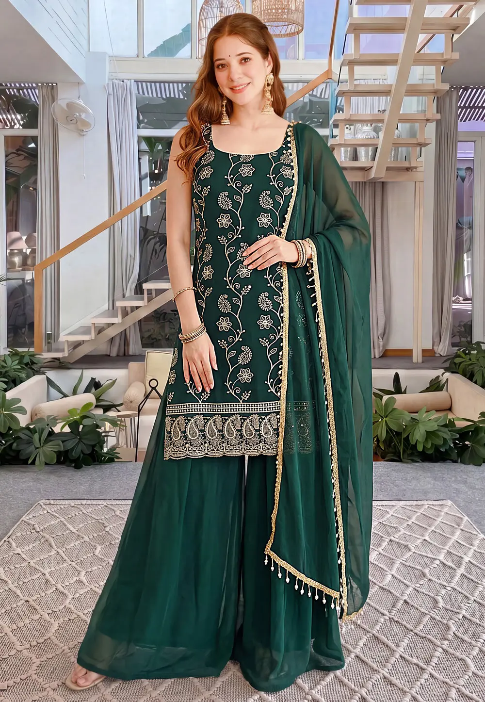 Green Faux Georgette Readymade Sharara Suit 331358