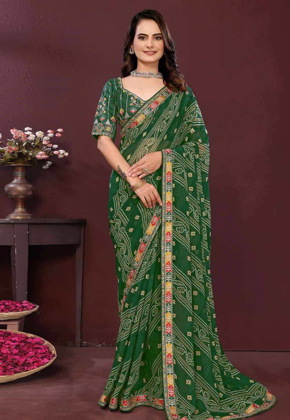 Green Georgette Bandhani Print Saree 316897