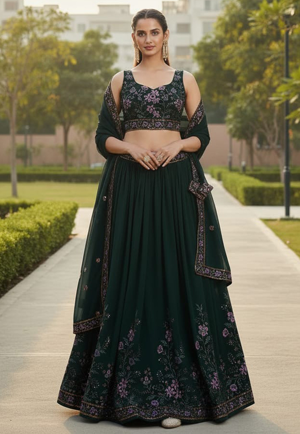 Green Georgette Circular Lehenga Choli 328221