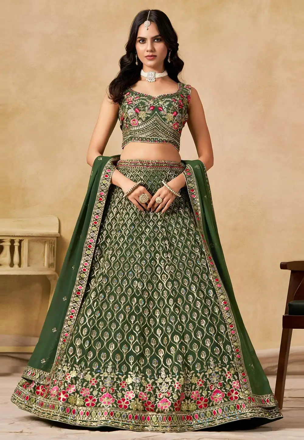 Green Georgette Circular Lehenga Choli 320376