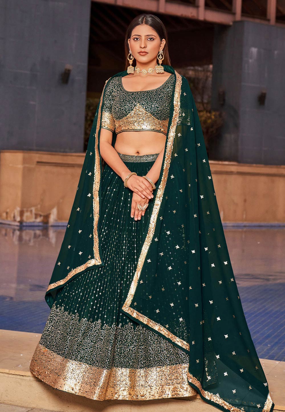 Green Georgette Circular Lehenga Choli 282067