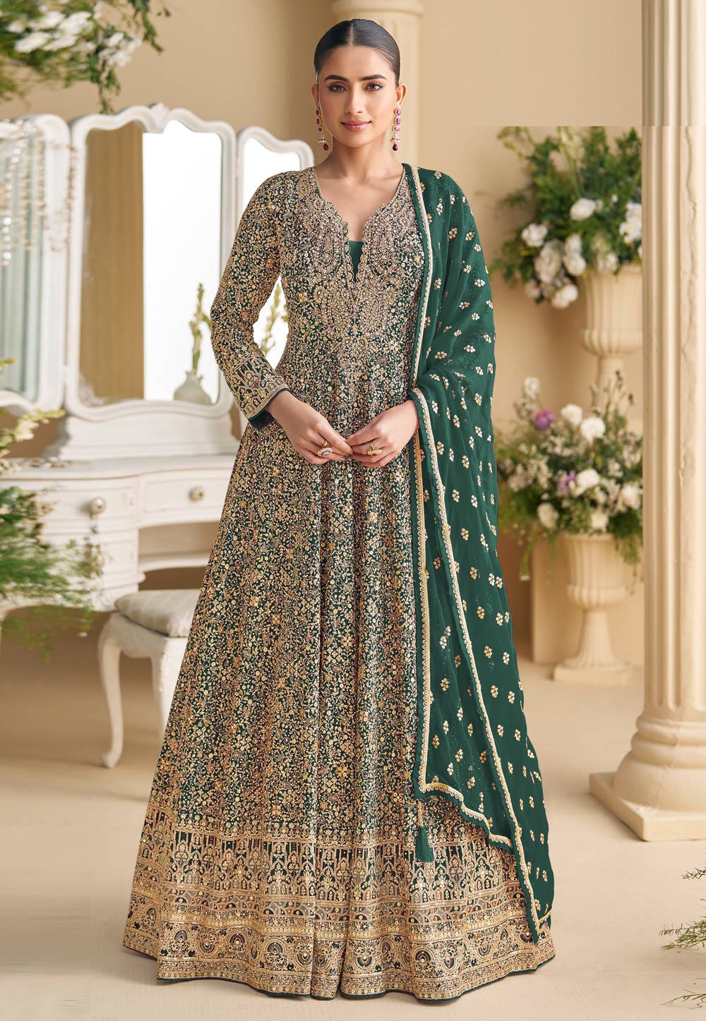 Green Georgette Embroidered Long Anarkali Suit 322073
