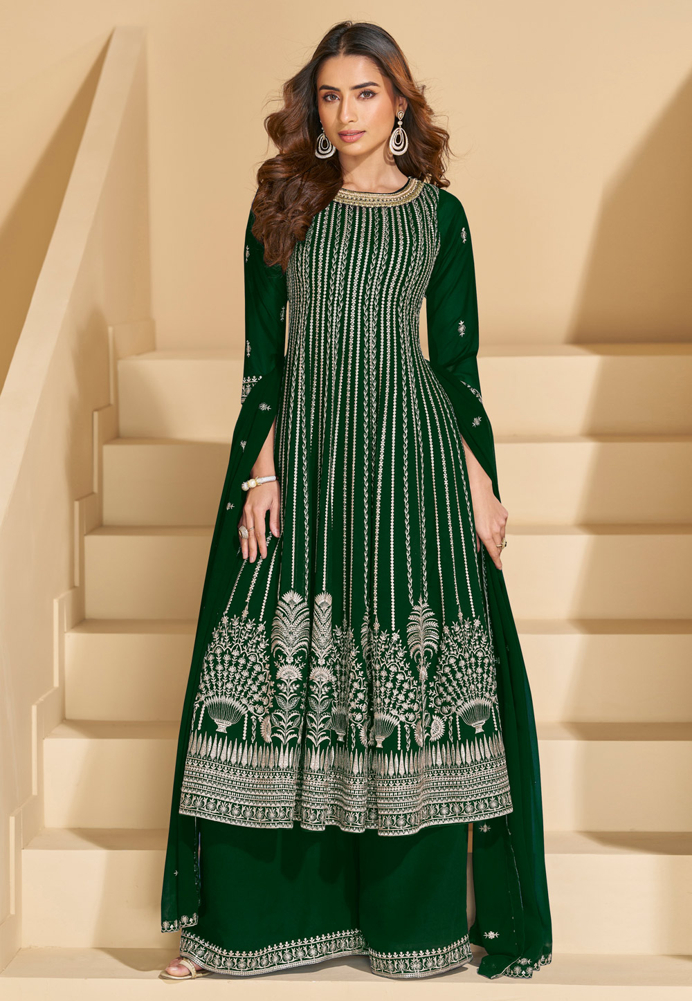 Green Georgette Embroidered Palazzo Suit 326996