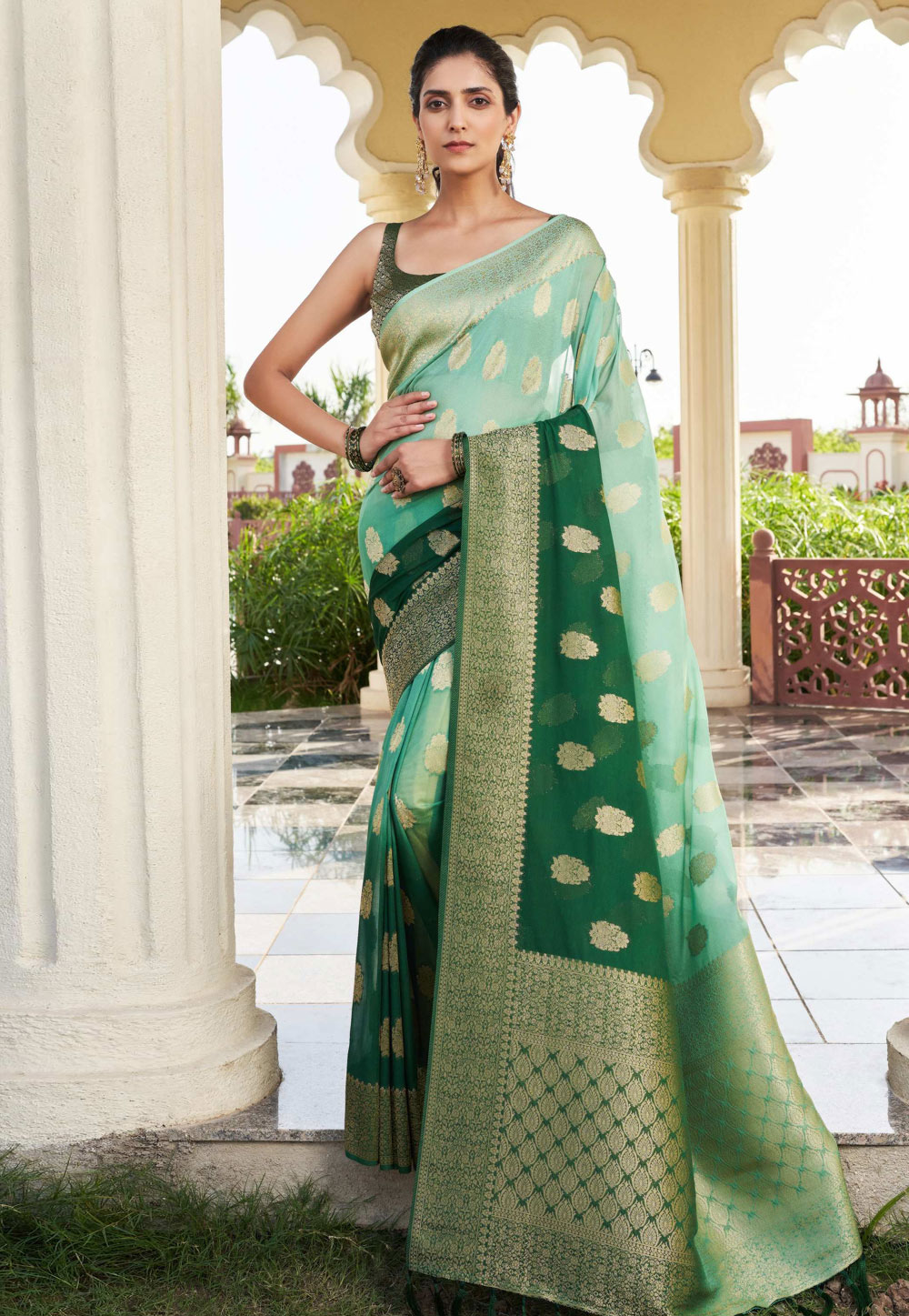 Green Georgette Half N Half Saree 322652