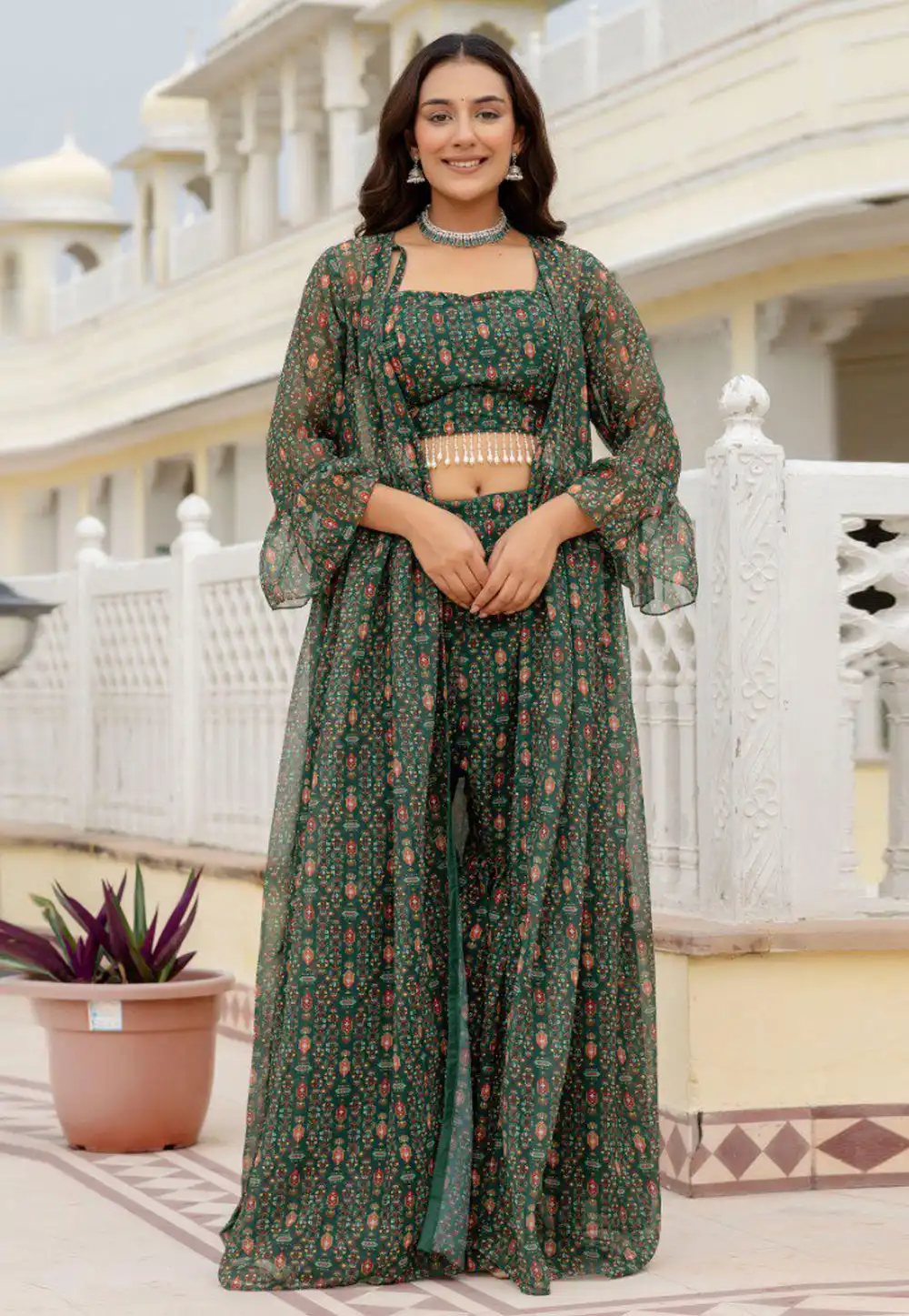 Green Georgette Jacket Style Suit 316960