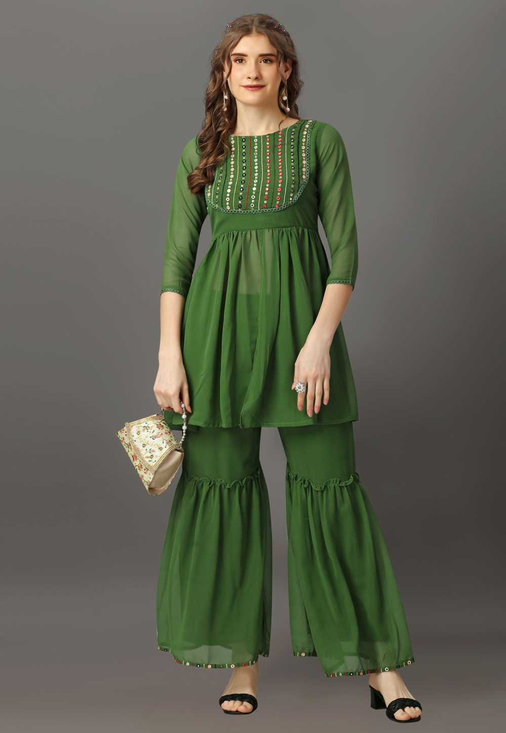 Green Georgette Kurta Set With Sharara 279930