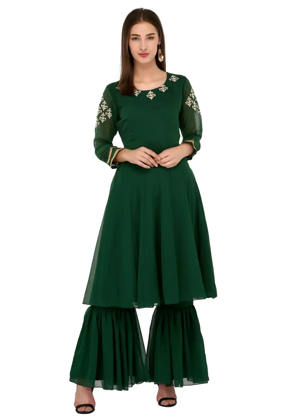 Green Georgette Kurta Set With Sharara 310054