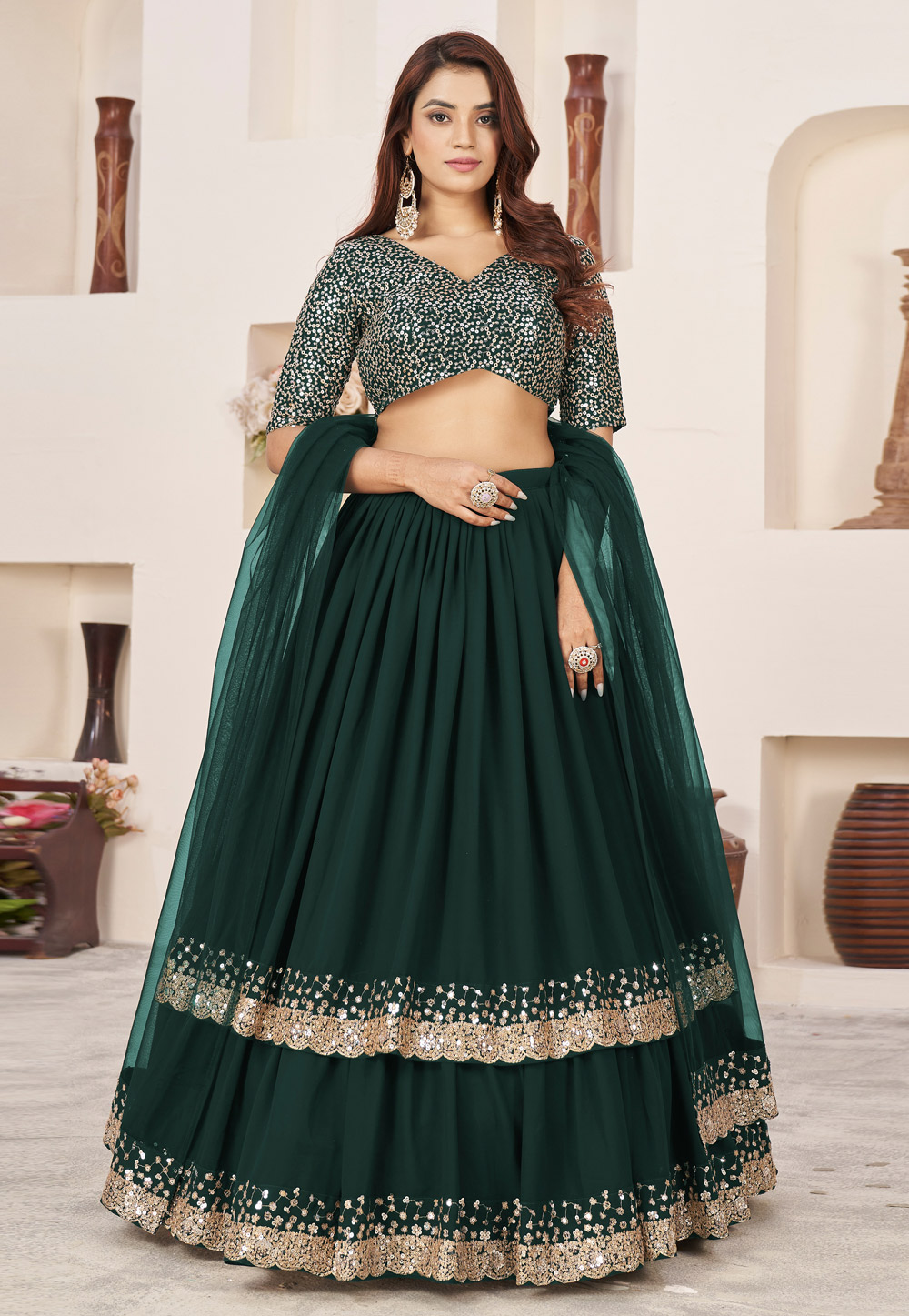 Green Georgette Layered Lehenga Choli 284849