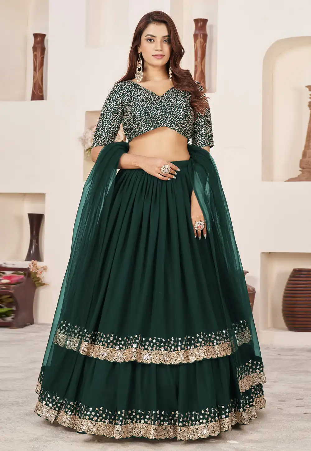 Green Georgette Layered Lehenga Choli 284849