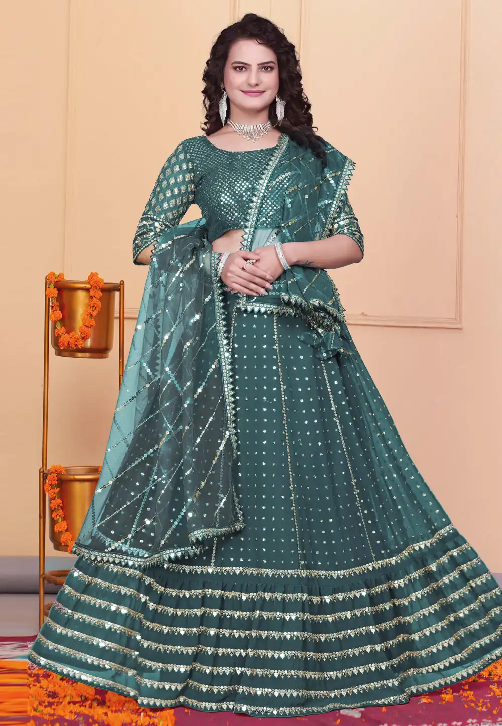 Green Georgette Lehenga Choli 308824