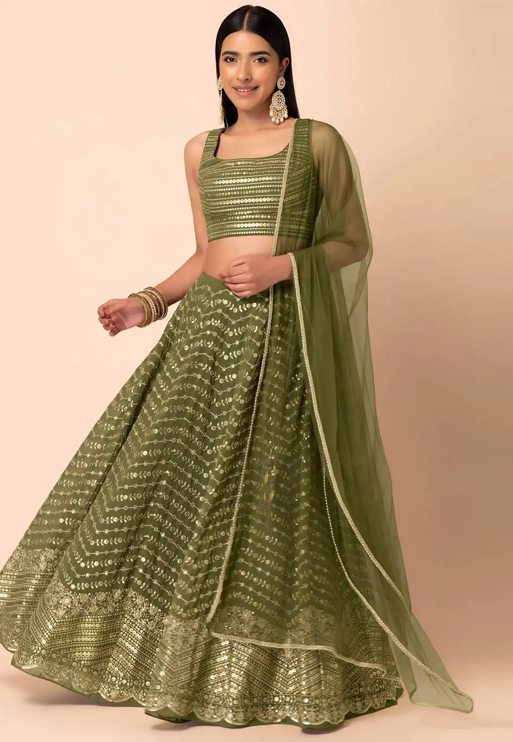 Green Georgette Lehenga Choli 328555