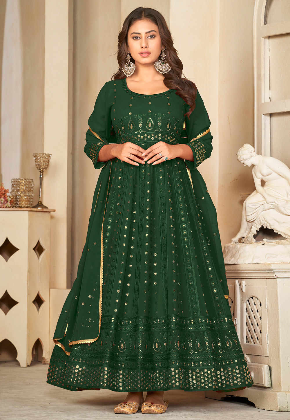 Green Georgette Long Anarkali Suit 282439