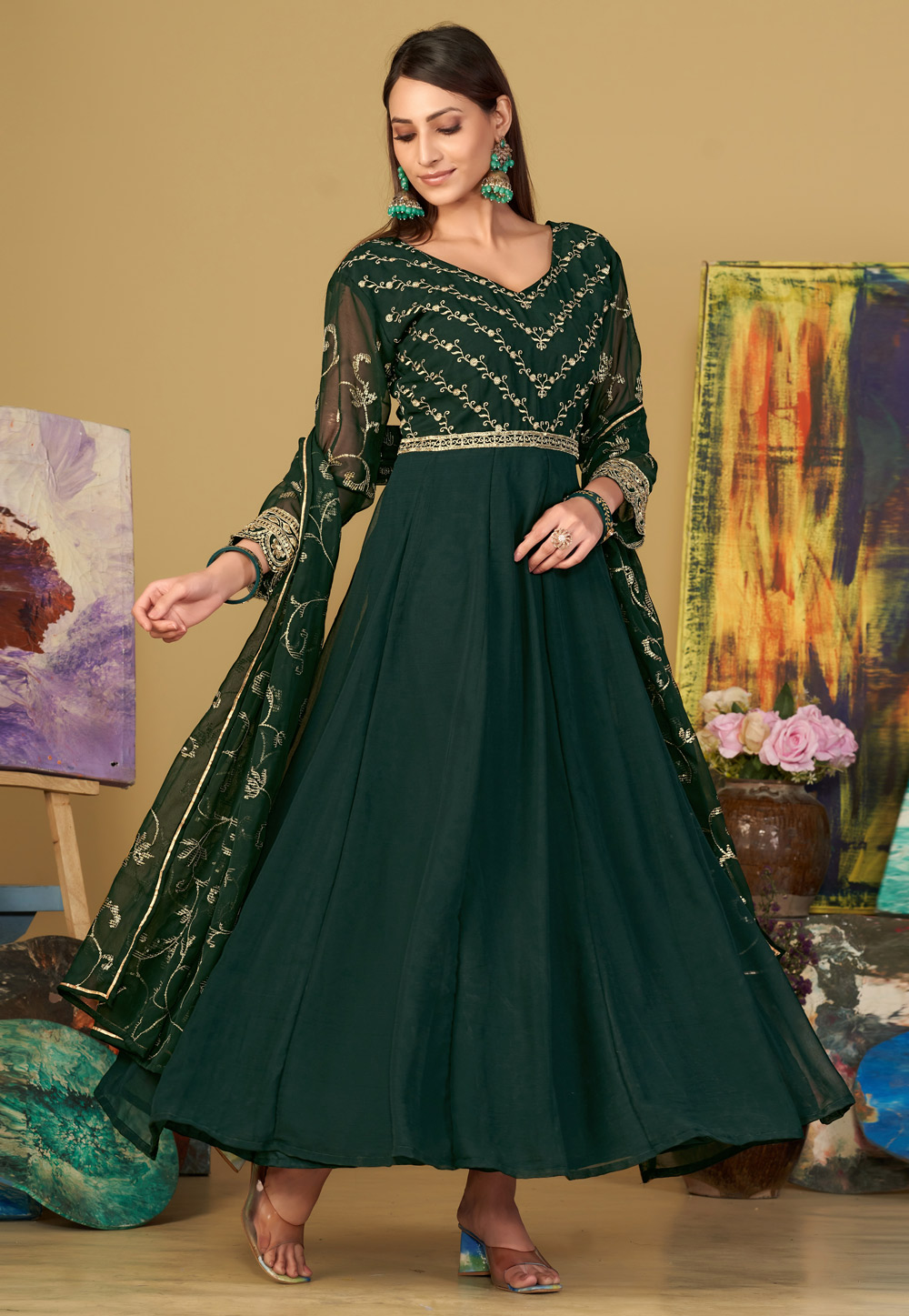 Green Georgette Long Anarkali Suit 283641