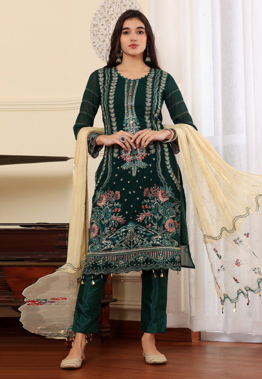 Green Georgette Pant Style Suit 284392