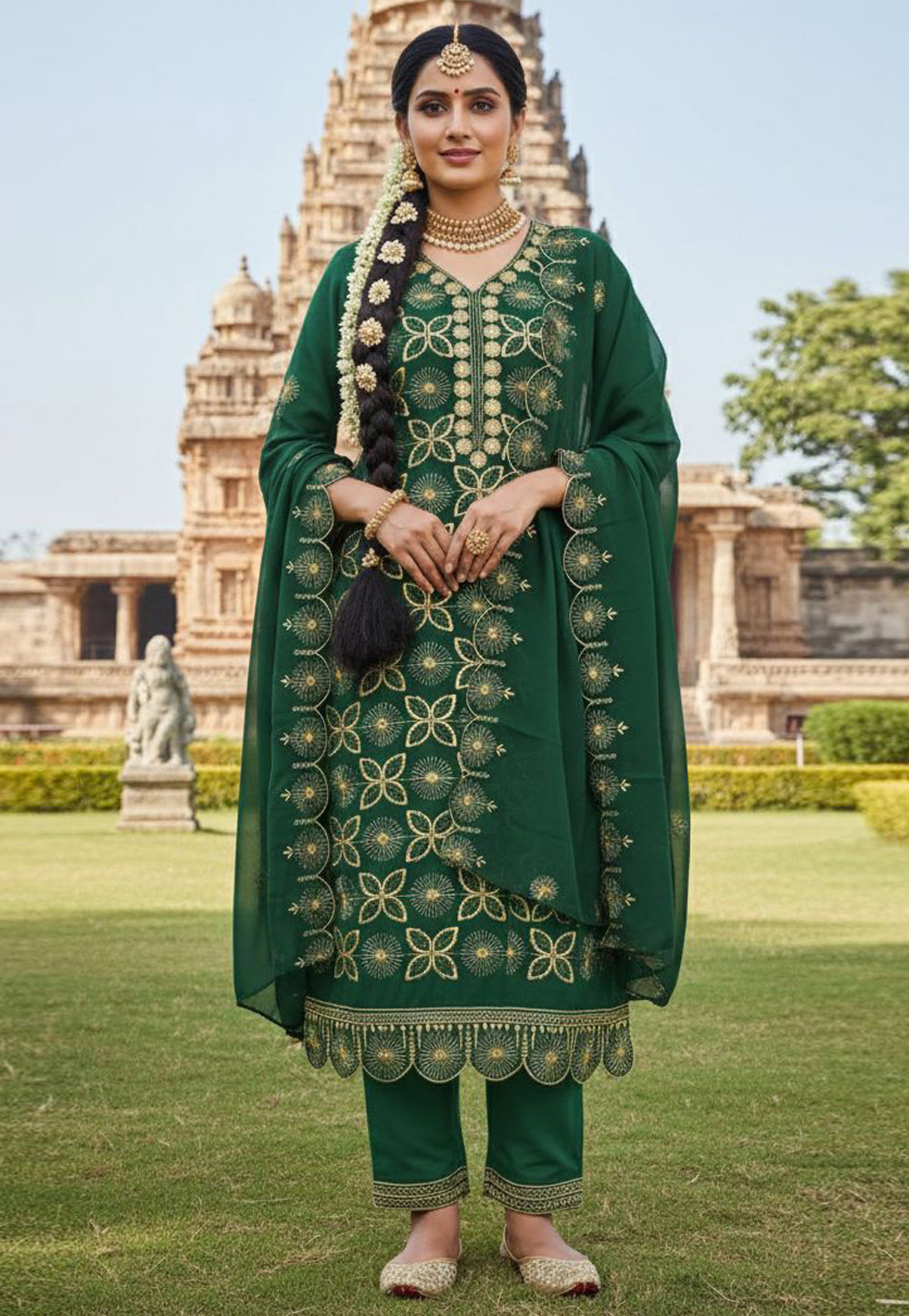 Green Georgette Pant Style Suit 322757