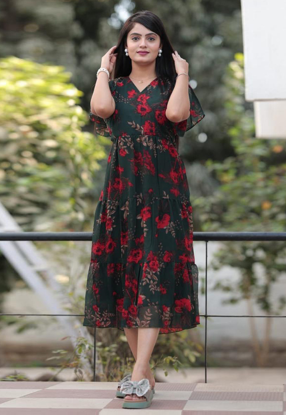 Green Georgette Printed Gown 285721