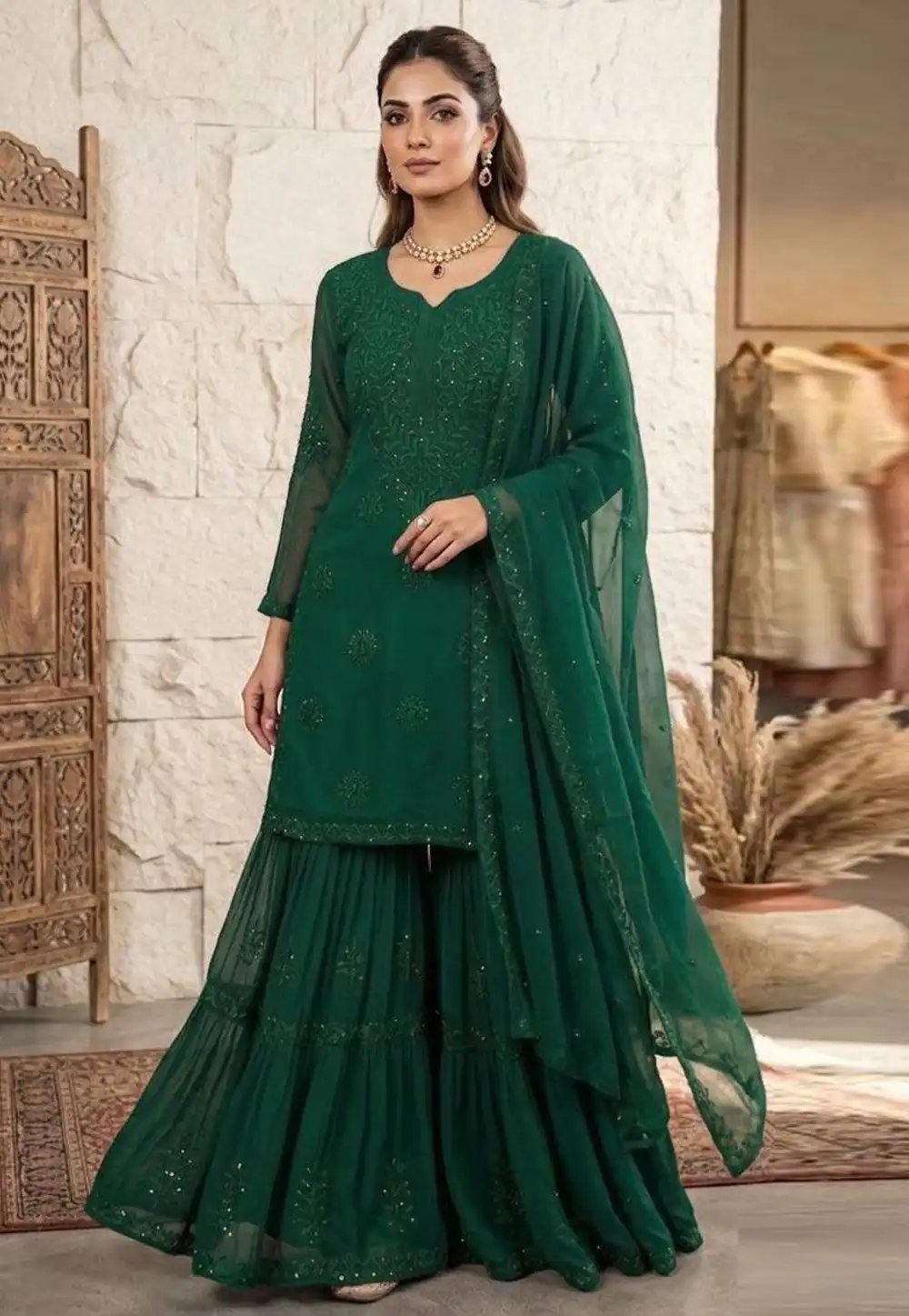 Green Georgette Readymade Gharara Suit 330103