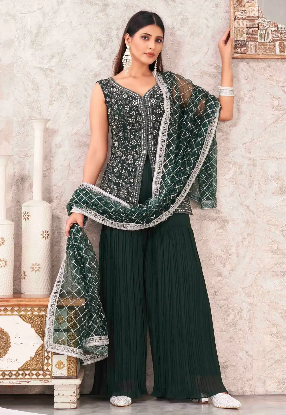 Green Georgette Readymade Gharara Suit 286516
