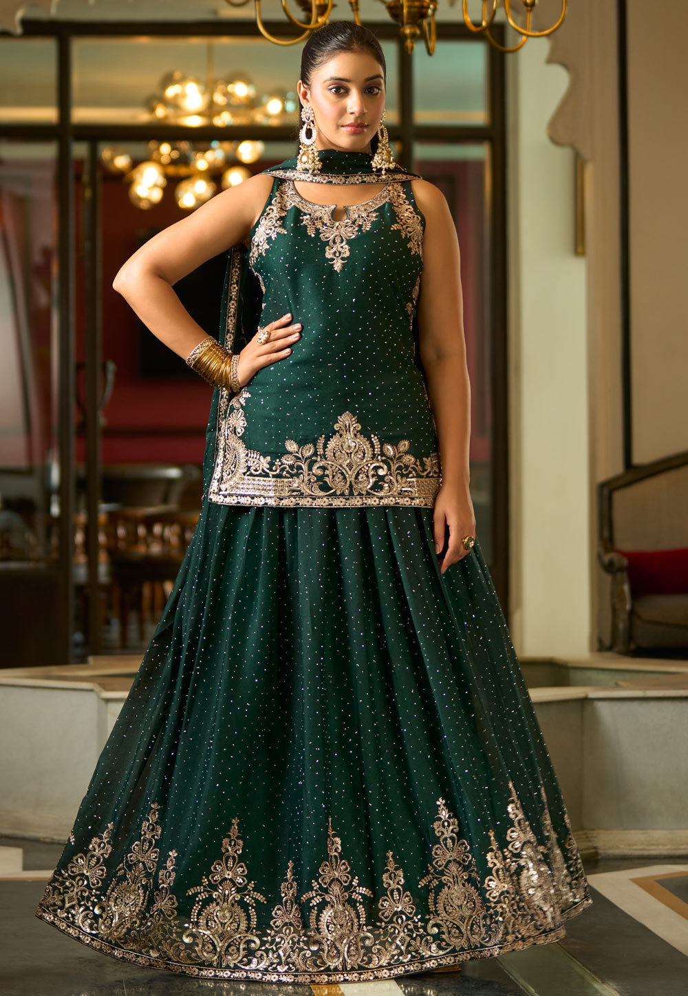 Green Georgette Readymade Indo Western Lehenga Choli 324708