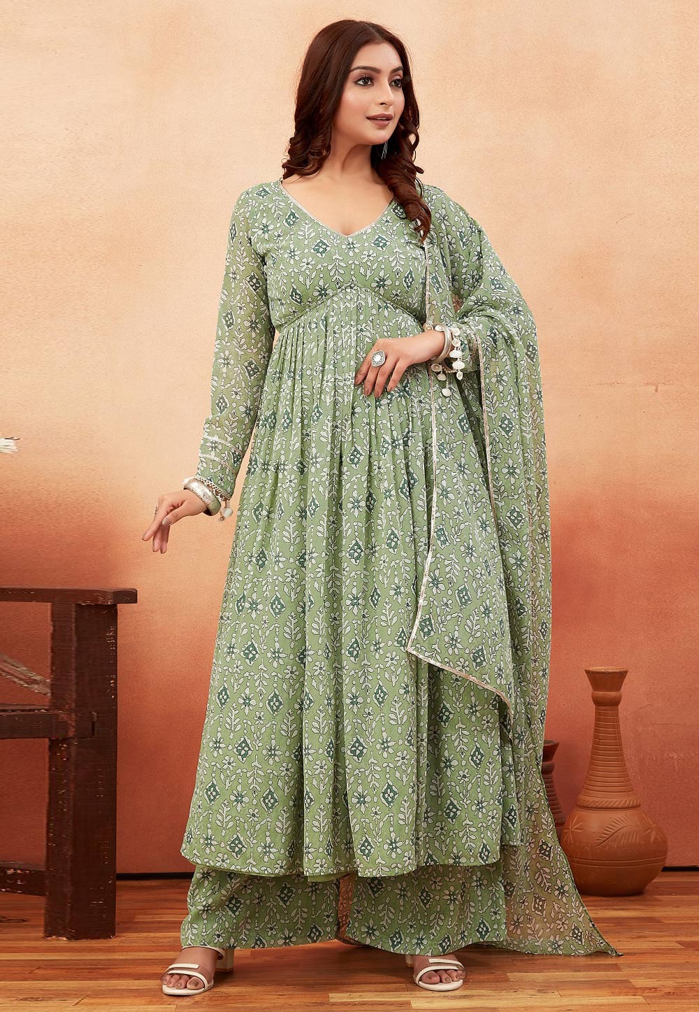Green Georgette Readymade Palazzo Suit 328596