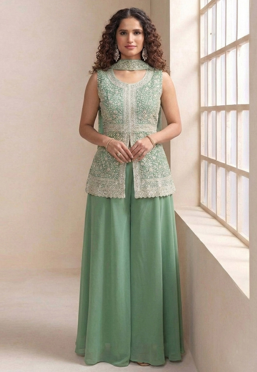 Green Georgette Readymade Palazzo Suit 325918