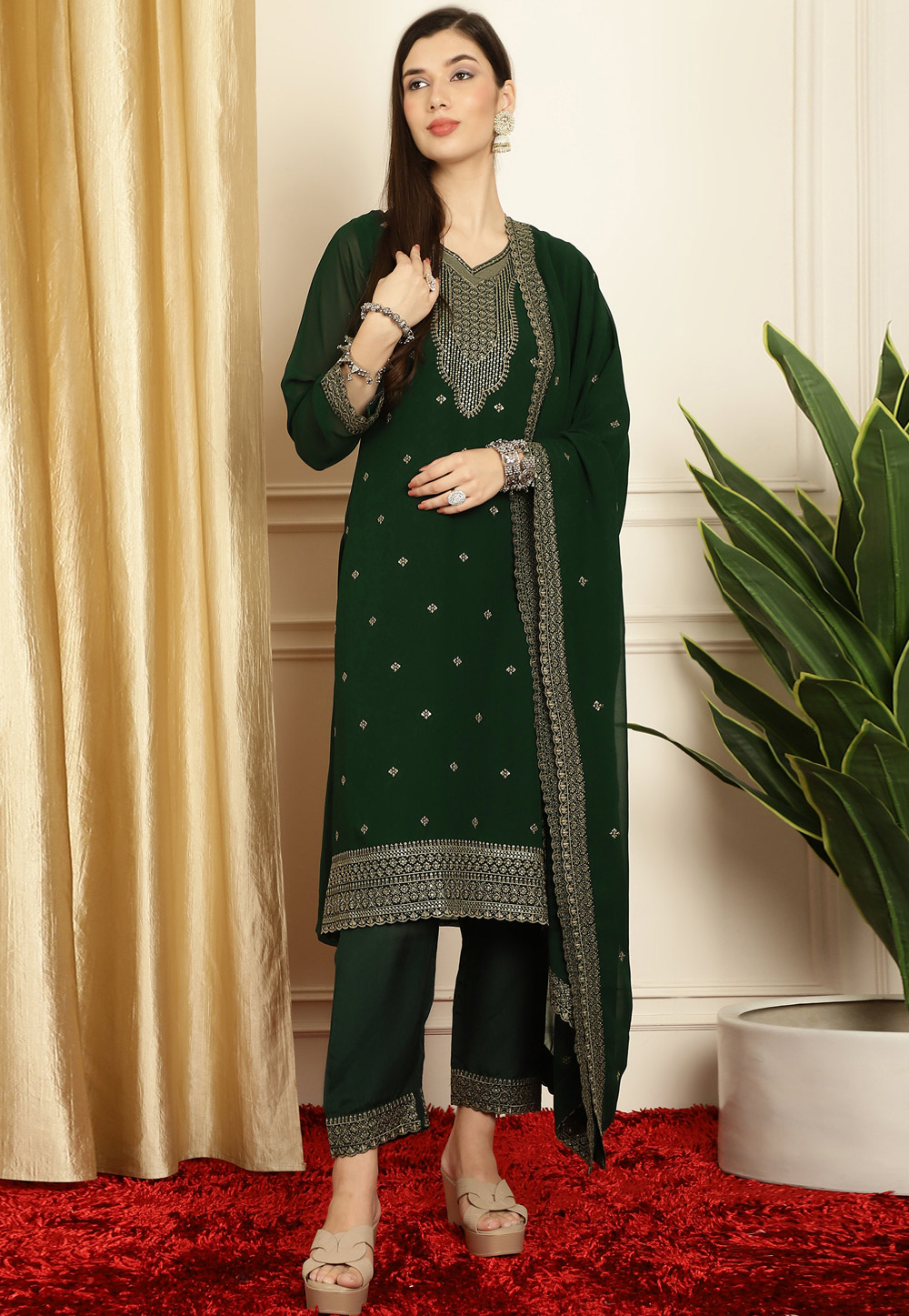Green Georgette Readymade Pant Style Suit 311958