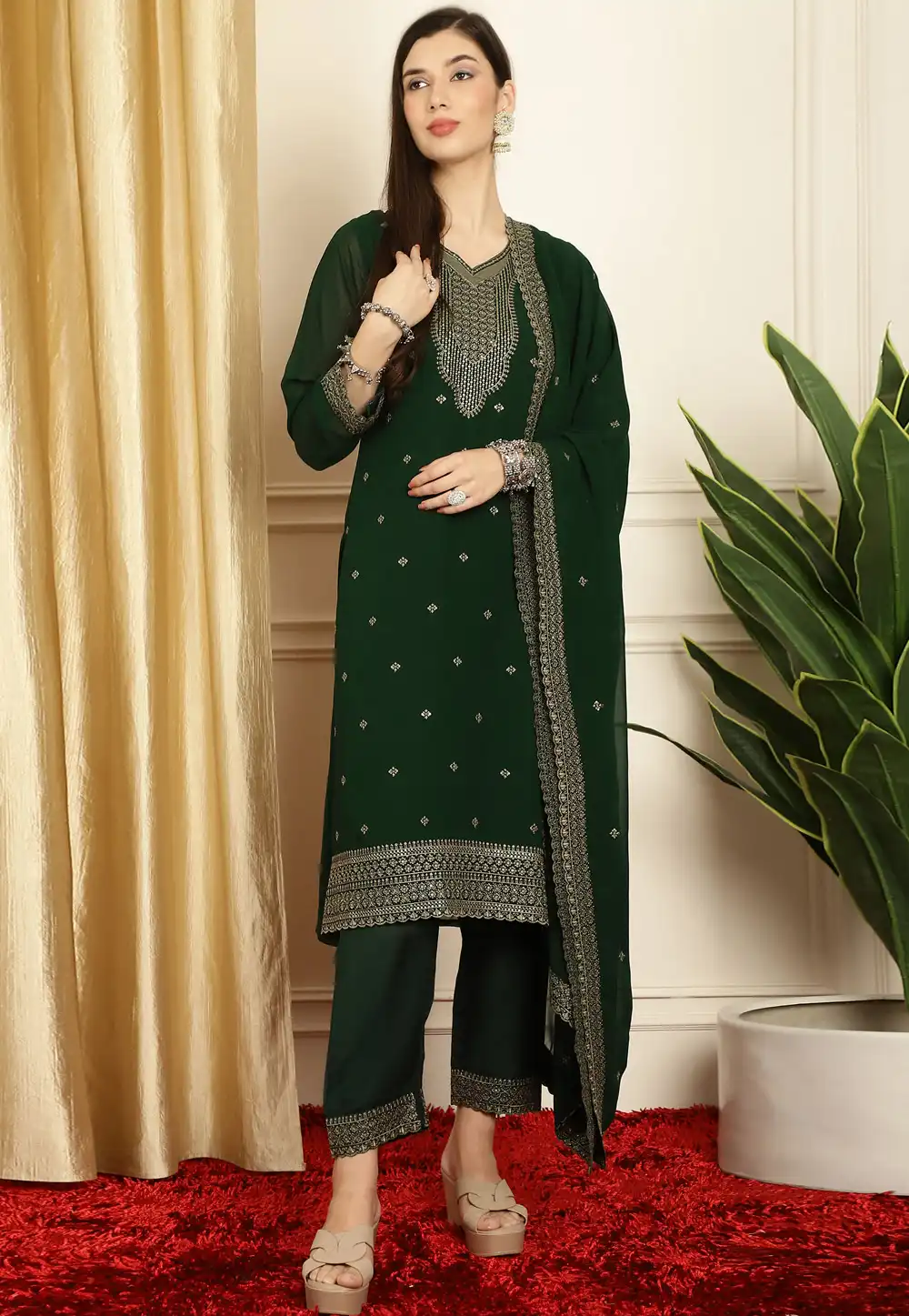Green Georgette Readymade Pant Style Suit 311958