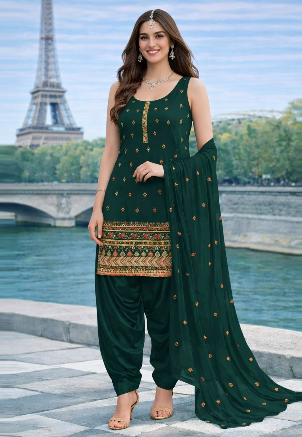 Green Georgette Readymade Patiala Suit 323654