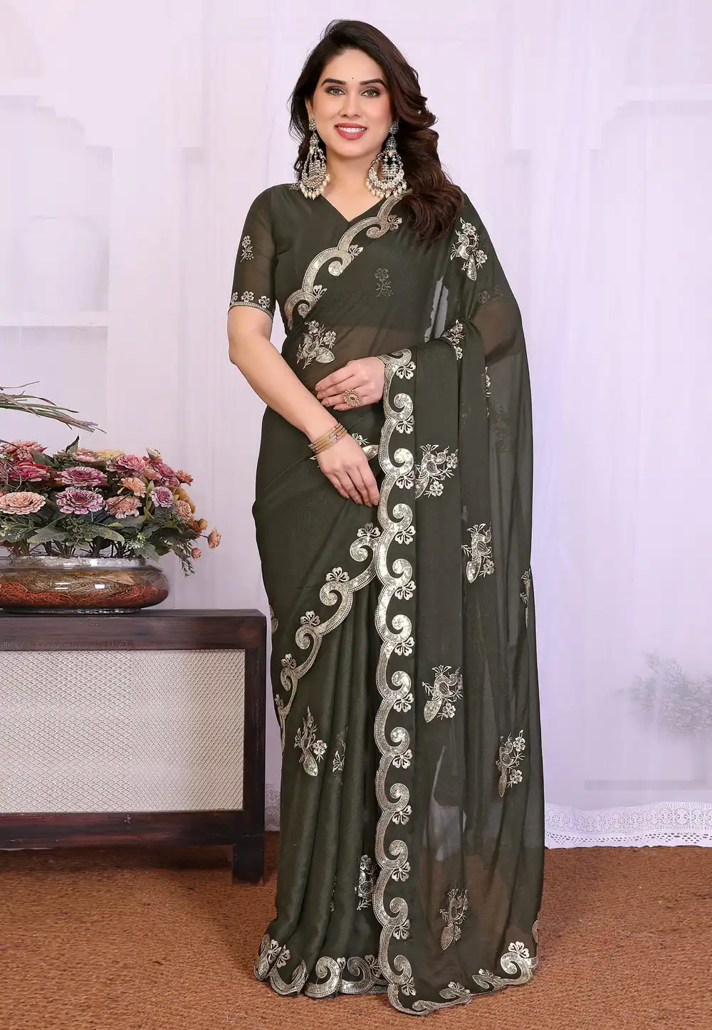 Green Georgette Saree With Blouse 329563