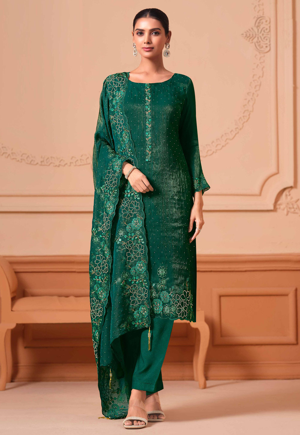 Green Georgette Straight Suit 308924