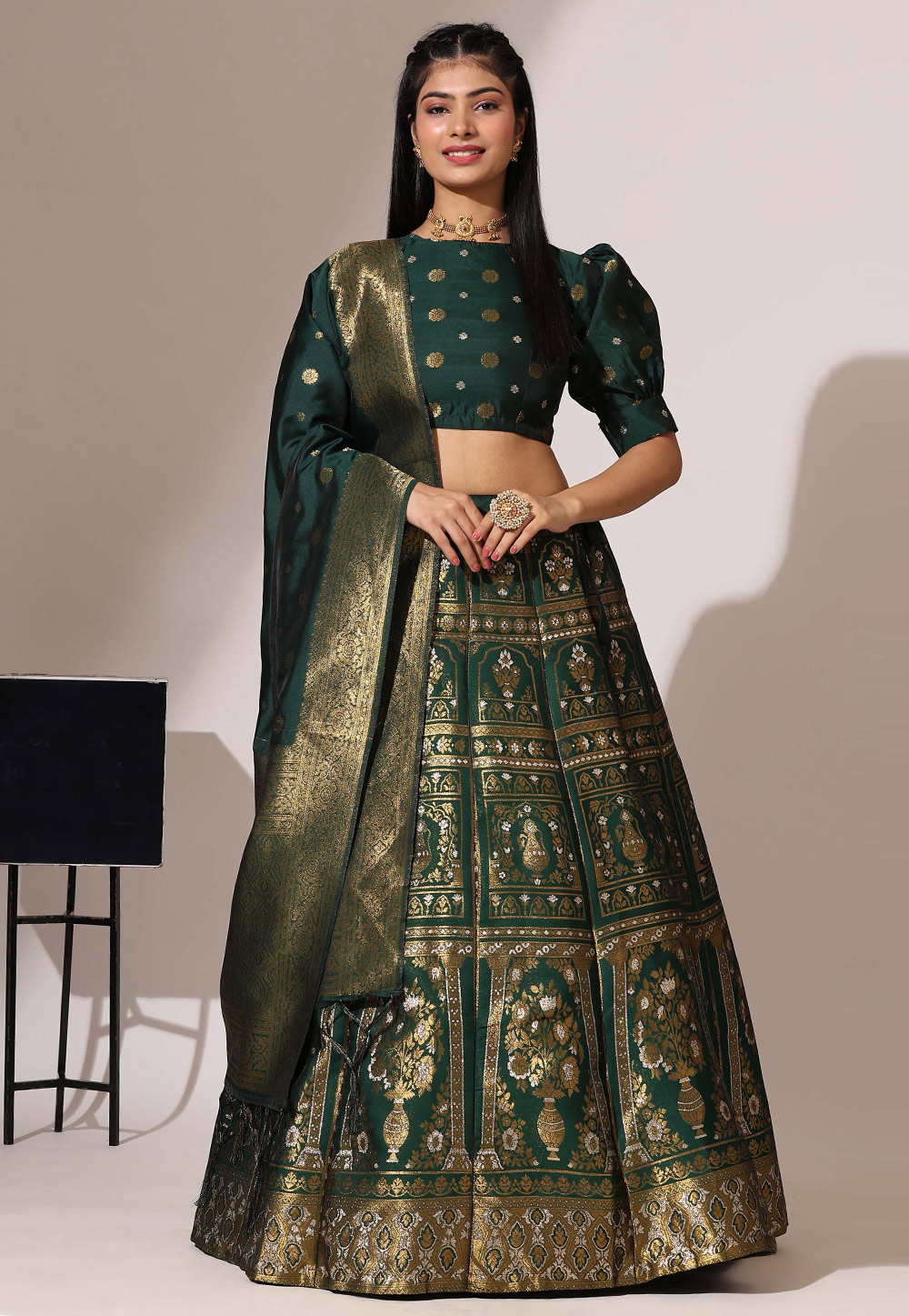 Green Jacquard A Line Lehenga Choli 312189