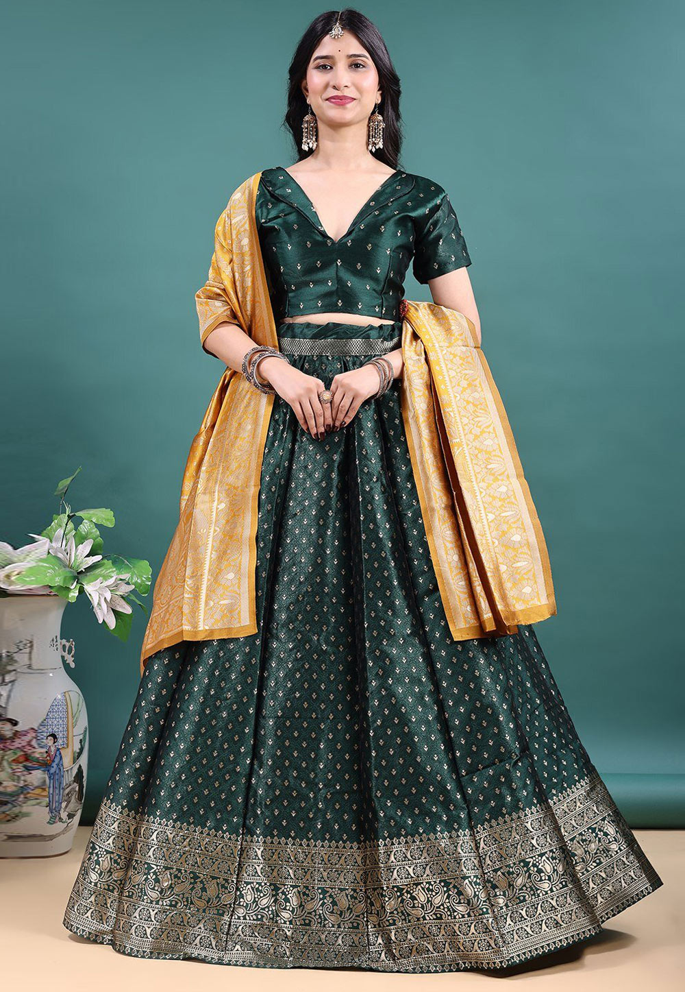 Green Jacquard Circular Lehenga Choli 328669