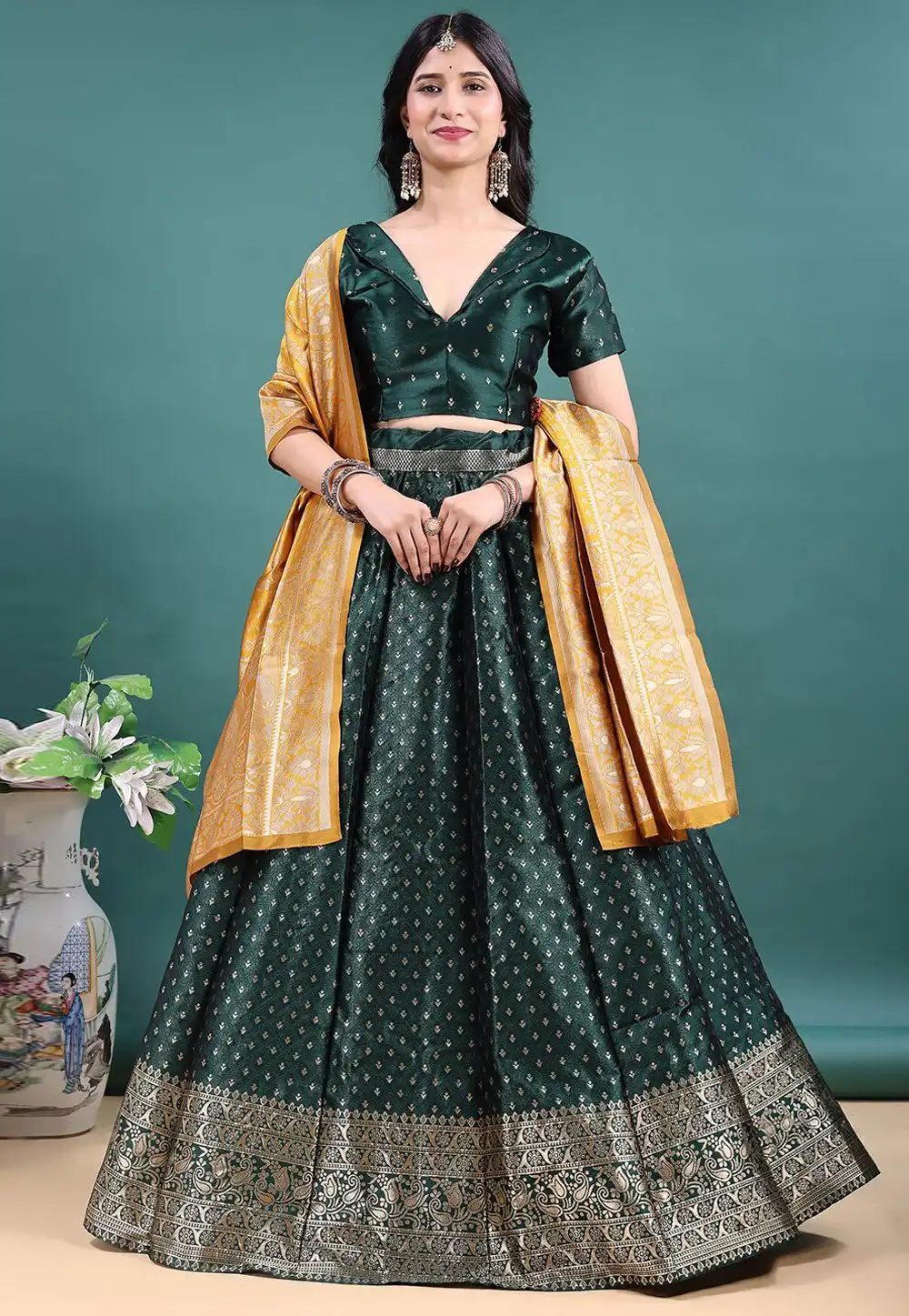 Green Jacquard Circular Lehenga Choli 328669