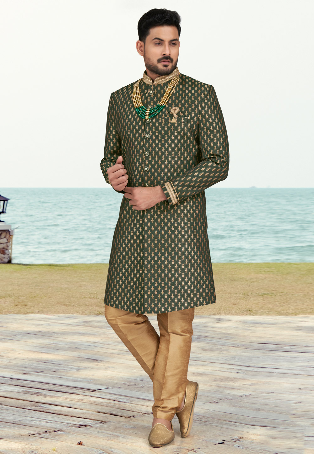 Green Jacquard Indo Western Sherwani 279735