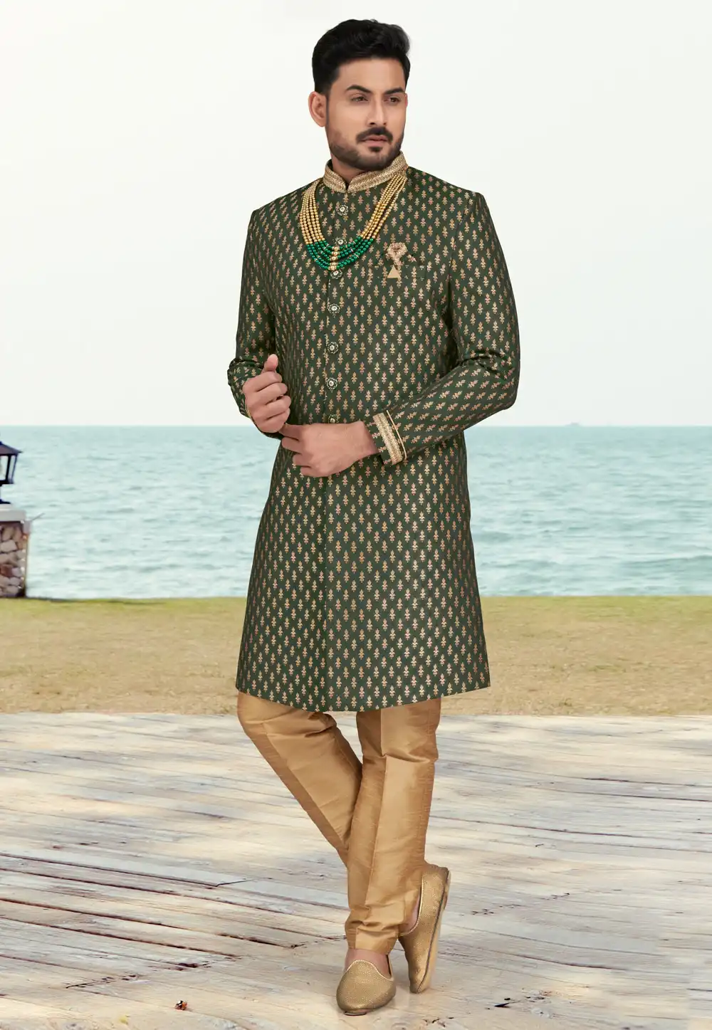Green Jacquard Indo Western Sherwani 279735