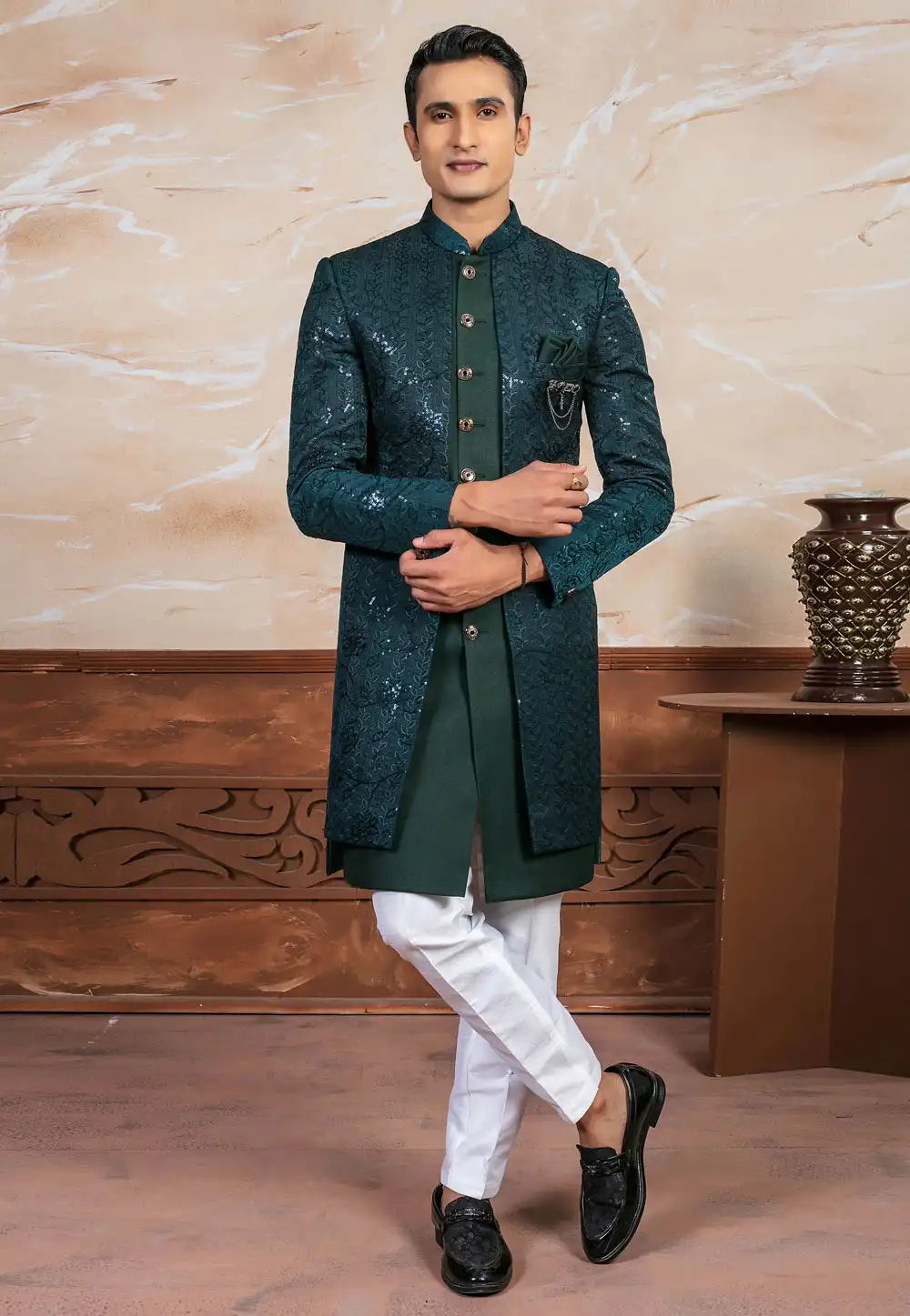 Green Jacquard Indo Western Suit 287146