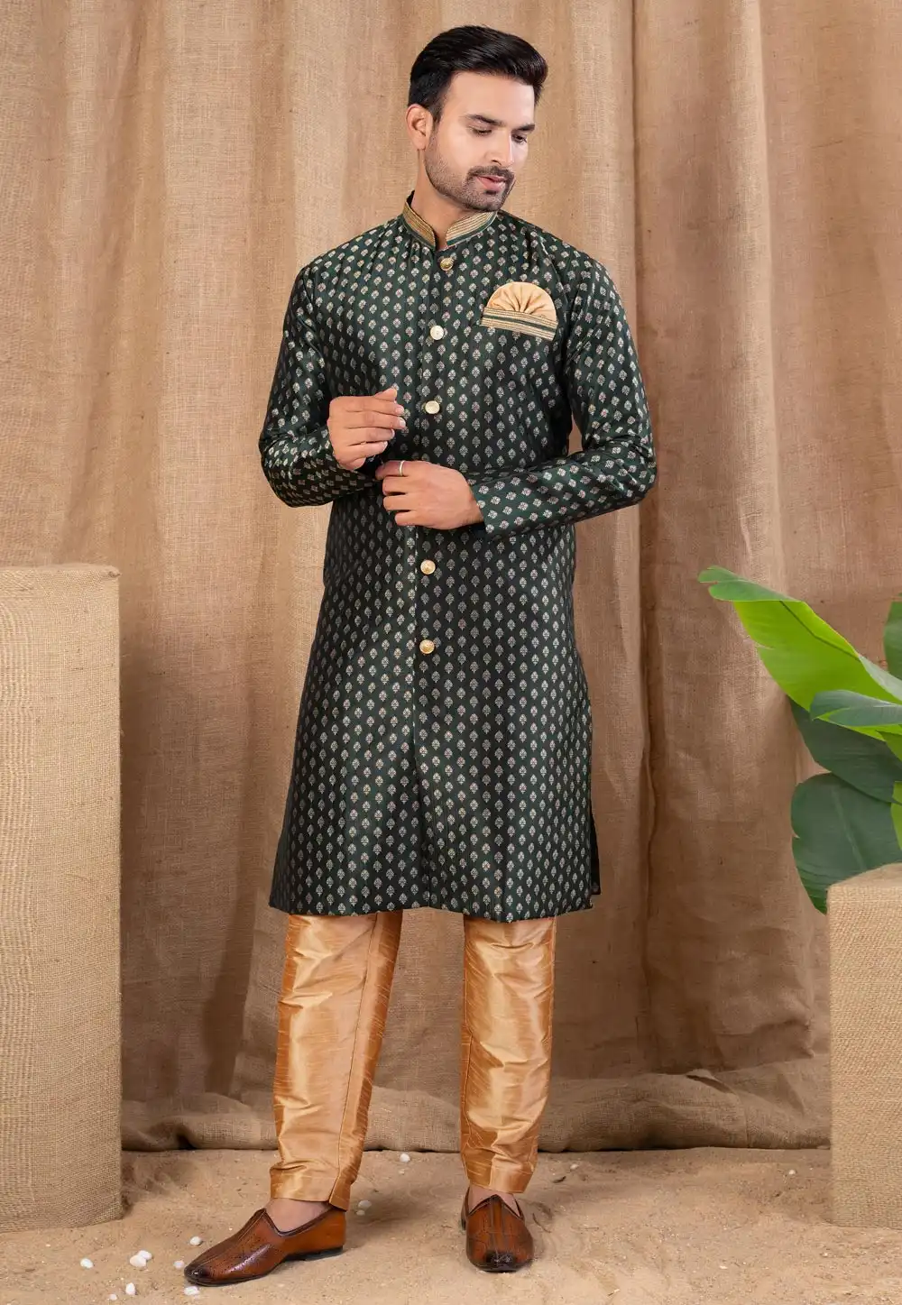 Green Jacquard Indo Western Suit 316463