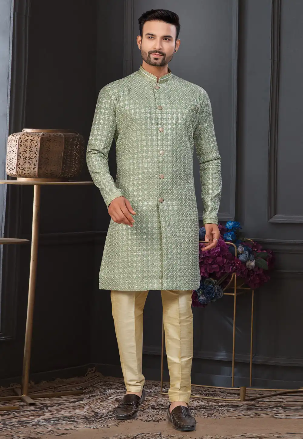 Green Jacquard Indo Western Suit 317876