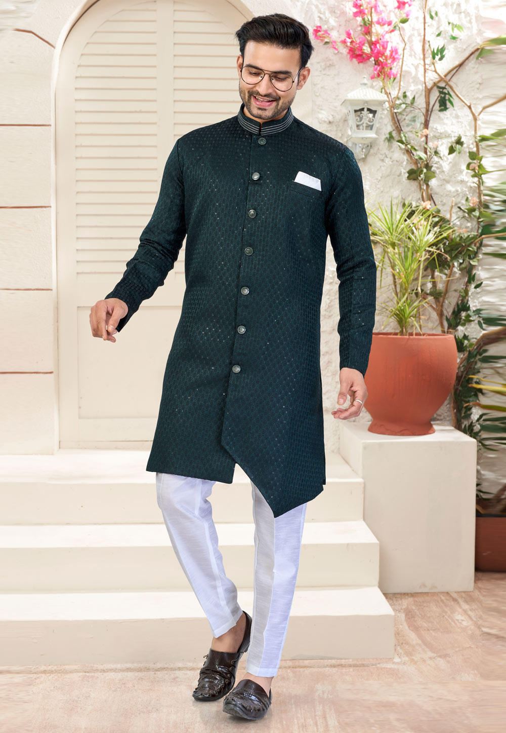 Green Jacquard Indo Western Suit 324619